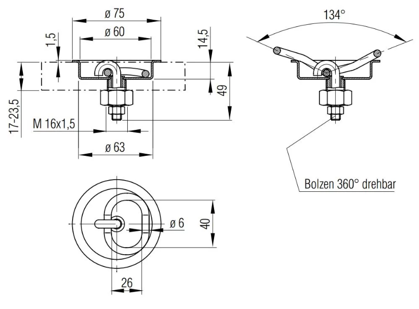 Cargo lashing anchor plate model Ø75x16mm., nut 35x15mm.