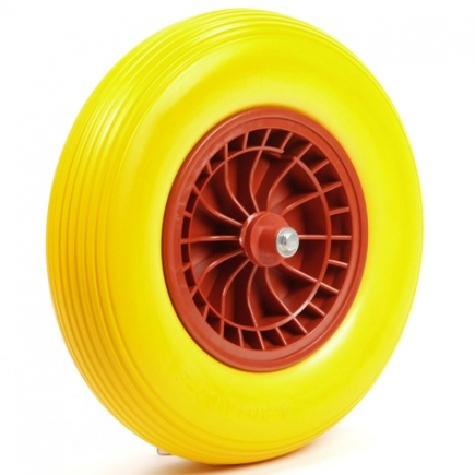Kruiwagenwiel 4.00-8 pu plastic geel, rollager, asgat 20 mm, naaflengte 130 mm