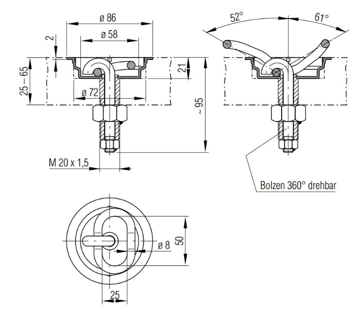 Cargo lashing anchor plate model Ø85x22mm. nut 70x20mm.