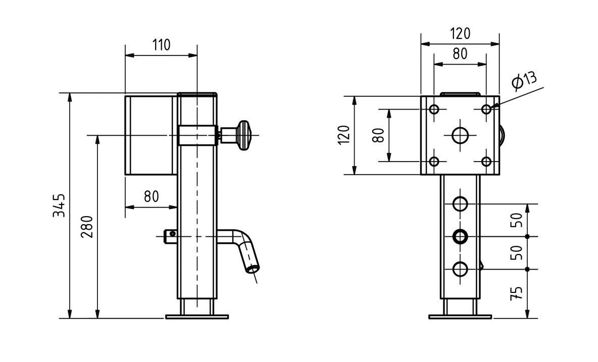 Jackstand spindl pivotable, square 60 x 345 mm. Flange 80mm.