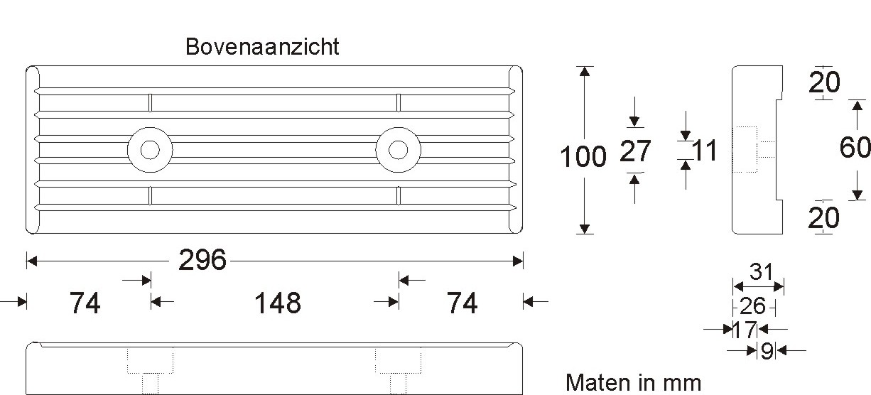 Bootsrolle Stoßpolster 296x100mm.Gummi