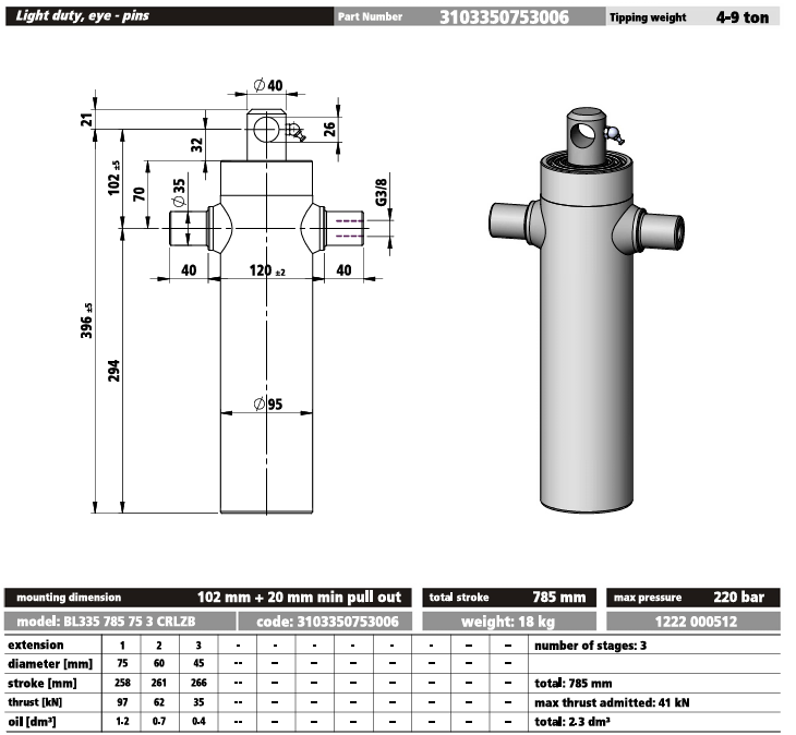 Telescoopcylinder hydraulisch 75-785-3 traps